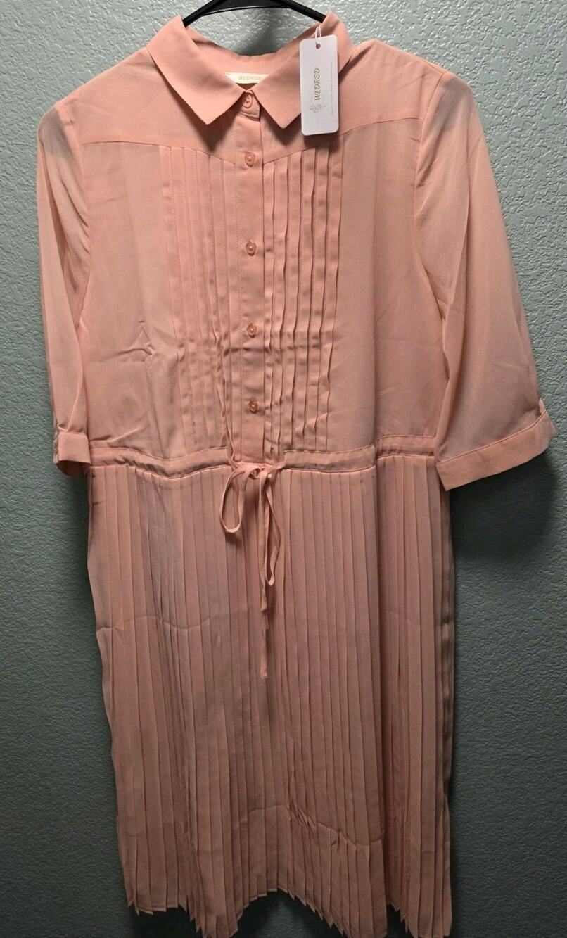 WLDRSD Pink Pleated Chiffon Midi Dress Small NWT Sheer Pastel Button Up